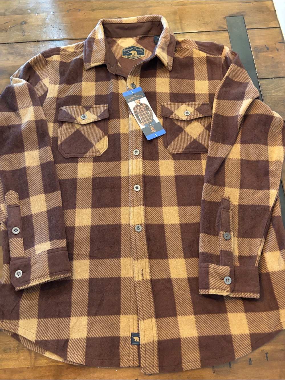 Freedom Foundry Men's Brown & Tan Buffalo 4-way stretch Plaid fleece shirt